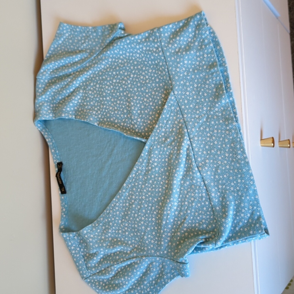 Hesperus Sky Blue‎ Ditzy White Floral Cropped Shirt XL